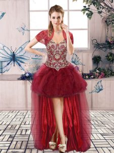 Off The Shoulder Sleeveless Lace Up Prom Dress Burgundy Tulle