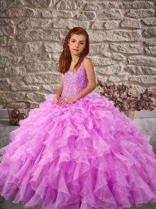 Trendy Sleeveless Sweep Train Beading and Ruffles Lace Up Little Girls Pageant Dress