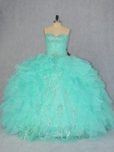 Inexpensive Apple Green Ball Gowns Sweetheart Sleeveless Organza Floor Length Lace Up Beading and Ruffles Quinceanera Dresses