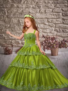 Fantastic Olive Green Sleeveless Appliques and Ruffled Layers Lace Up Girls Pageant Dresses