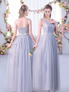 Modest Grey Bridesmaid Dress Wedding Party with Lace and Belt V-neck Sleeveless Side Zipper