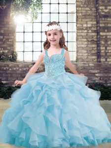 Glorious Light Blue Ball Gowns Straps Sleeveless Tulle Floor Length Lace Up Beading and Ruffles Little Girls Pageant Dress Wholesale
