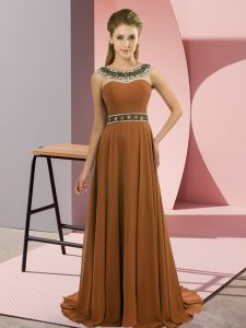 Brown Homecoming Dress Prom and Party with Beading Scoop Sleeveless Brush Train Zipper