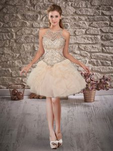 Halter Top Sleeveless Prom Evening Gown Mini Length Beading and Ruffles Champagne Organza