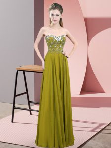 Inexpensive Sweetheart Sleeveless Dress for Prom Floor Length Beading Olive Green Chiffon