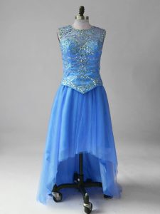 High Low Blue Evening Dress Tulle Brush Train Sleeveless Beading