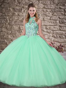 Stunning Apple Green Quinceanera Gowns Halter Top Sleeveless Brush Train Lace Up