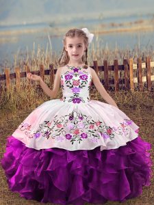 Sleeveless Floor Length Embroidery and Ruffles Lace Up Pageant Gowns For Girls with Purple
