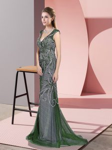 Zipper Prom Dress Green for Prom and Party with Beading Sweep Train