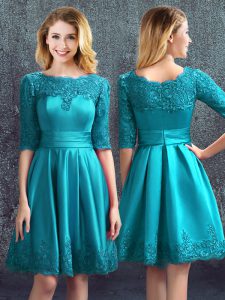 Graceful Empire Bridesmaid Gown Teal Scoop Satin Half Sleeves Knee Length Zipper