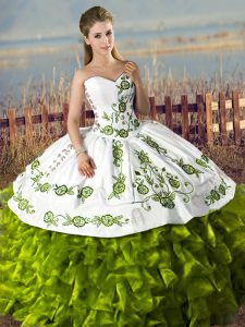 Comfortable Sleeveless Satin and Organza Floor Length Lace Up 15 Quinceanera Dress in Olive Green with Embroidery and Ruffles