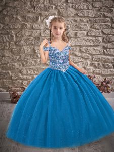 Blue Off The Shoulder Lace Up Beading Little Girl Pageant Dress Sleeveless