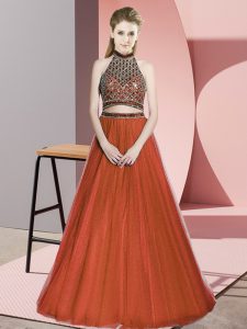 Colorful Beading Prom Dresses Rust Red Lace Up Sleeveless Floor Length
