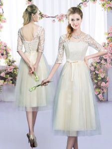 Champagne Half Sleeves Tulle Lace Up Damas Dress for Wedding Party