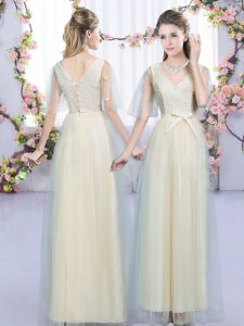 Wonderful Champagne Tulle Lace Up Wedding Party Dress Sleeveless Floor Length Lace and Bowknot