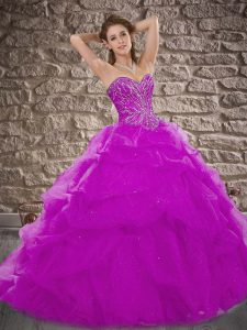 Fancy Purple Sleeveless Brush Train Beading and Pick Ups Vestidos de Quinceanera