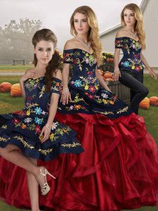 Cute Floor Length Red And Black Sweet 16 Quinceanera Dress Off The Shoulder Sleeveless Lace Up