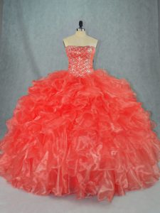 Red Ball Gowns Strapless Sleeveless Organza Floor Length Lace Up Beading and Ruffles Sweet 16 Dresses