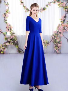 Shining Half Sleeves Satin Ankle Length Zipper Bridesmaids Dress in Royal Blue with Ruching