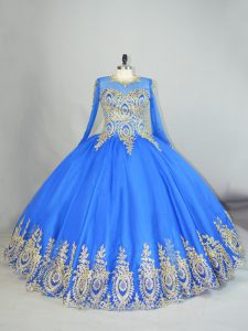 Blue Long Sleeves Beading and Appliques Floor Length 15th Birthday Dress