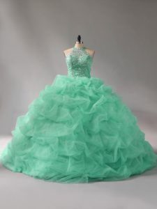 Organza Halter Top Sleeveless Court Train Lace Up Beading and Pick Ups Sweet 16 Dresses in Apple Green