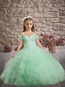 Stylish Apple Green Straps Lace Up Appliques and Ruffles Little Girl Pageant Dress Sweep Train Sleeveless