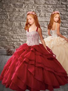 Ball Gowns Little Girls Pageant Gowns Wine Red Straps Organza Sleeveless Floor Length Lace Up