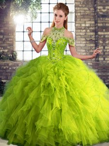 Olive Green Ball Gowns Tulle Halter Top Sleeveless Beading and Ruffles Floor Length Lace Up Quince Ball Gowns
