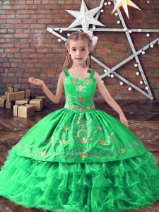 Ball Gowns Little Girls Pageant Dress Green Straps Satin and Organza Sleeveless Floor Length Lace Up