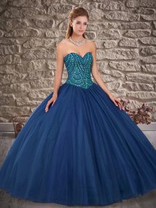 Sleeveless Tulle Floor Length Lace Up Quinceanera Gown in Royal Blue with Beading