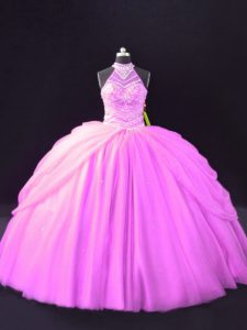 Inexpensive Lilac Halter Top Neckline Beading and Pick Ups Vestidos de Quinceanera Sleeveless Lace Up