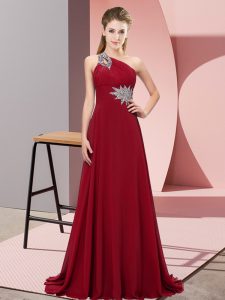 Modest Wine Red Chiffon Lace Up One Shoulder Sleeveless Dress for Prom Brush Train Beading