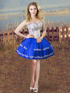 Charming Sleeveless Mini Length Embroidery Lace Up Homecoming Dress with Blue And White