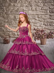 Straps Sleeveless Satin Pageant Dress Womens Appliques and Ruffled Layers Brush Train Lace Up