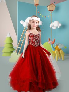 Wine Red Little Girl Pageant Gowns Wedding Party with Beading and Ruffled Layers Spaghetti Straps Sleeveless Zipper