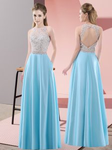 Exquisite Baby Blue Empire Satin Scoop Sleeveless Beading Floor Length Backless
