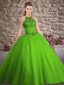 Quinceanera Dress Military Ball and Sweet 16 and Quinceanera with Beading Halter Top Sleeveless Brush Train Lace Up