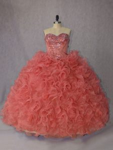 Flare Brush Train Ball Gowns Ball Gown Prom Dress Orange Sweetheart Organza Sleeveless Lace Up
