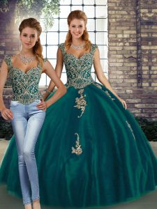Vintage Floor Length Two Pieces Sleeveless Peacock Green Quinceanera Dresses Lace Up