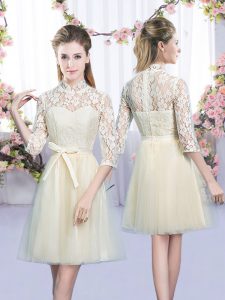 Cheap Champagne Empire Bowknot Bridesmaid Dress Lace Up Tulle Half Sleeves Mini Length