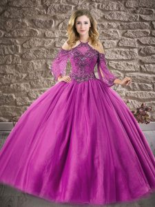 Wonderful Floor Length Ball Gowns 3 4 Length Sleeve Eggplant Purple Quinceanera Gown Zipper