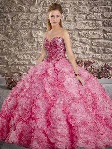 Pretty Fuchsia Lace Up 15th Birthday Dress Beading Sleeveless Brush Train