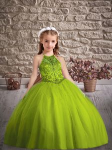 Olive Green Sleeveless Beading Criss Cross Pageant Gowns For Girls
