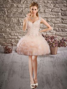 Glorious Pink Straps Lace Up Beading and Lace and Ruffles Dress for Prom Sleeveless