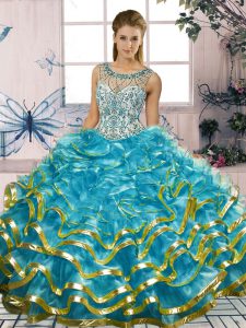 Affordable Blue Organza Lace Up Quince Ball Gowns Sleeveless Floor Length Beading and Ruffles
