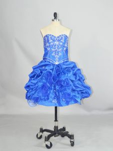Popular Blue Organza and Taffeta Lace Up Prom Gown Sleeveless Mini Length Beading and Ruffles and Pick Ups