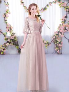 Colorful Pink Half Sleeves Tulle Side Zipper Quinceanera Court Dresses for Wedding Party