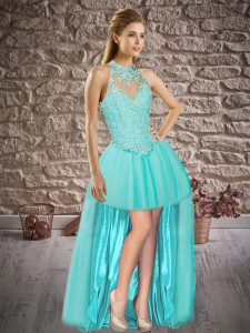 Delicate Aqua Blue Lace Up Dress for Prom Beading and Lace Sleeveless High Low