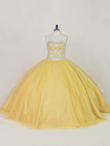 Custom Design Gold Sleeveless Beading Floor Length 15th Birthday Dress