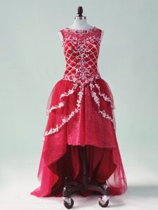 High Low Wine Red Dress for Prom Tulle Sleeveless Beading and Appliques